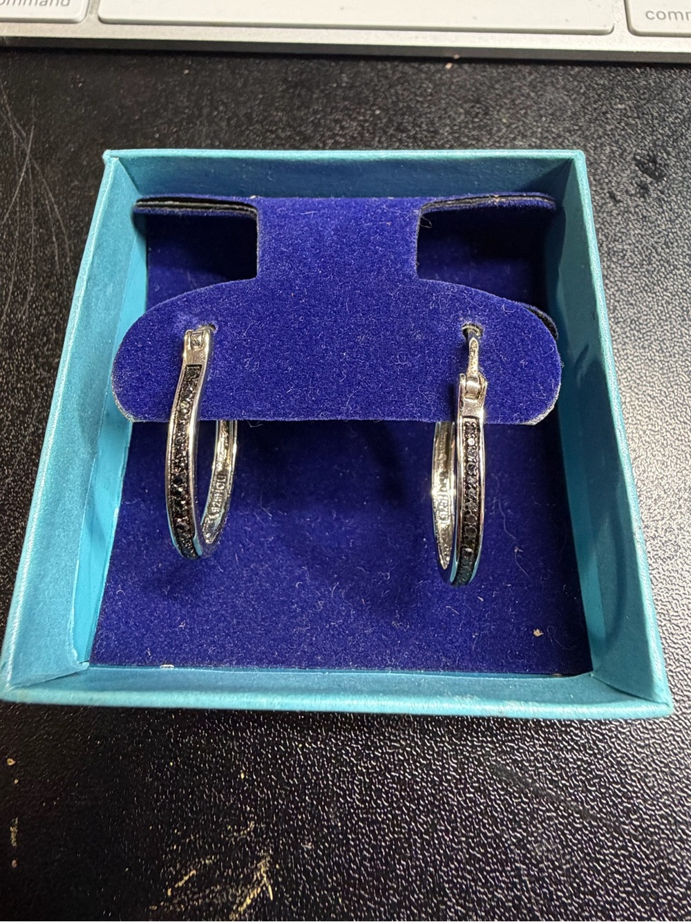 Black Diamonds Hoop Earrings 925 silver, 1 inch hoops